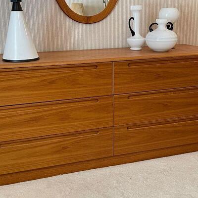 Danish Teak Modern Low 6-Drawer Dresser w/ Mirror