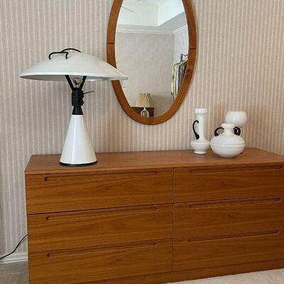 Danish Teak Modern Low 6-Drawer Dresser w/ Mirror