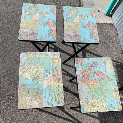 #18 Four Folding Tray Tables & Stand with Map Print