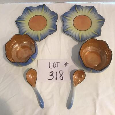 B - 318 A Pair of Vintage ART DECO NORITAKE JAPAN Hand Painted LOTUS FLOWER Bowl and Saucer with Spoon