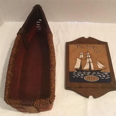 B - 361  Pair Wood & Cane Serving Trays with Decorative Boat