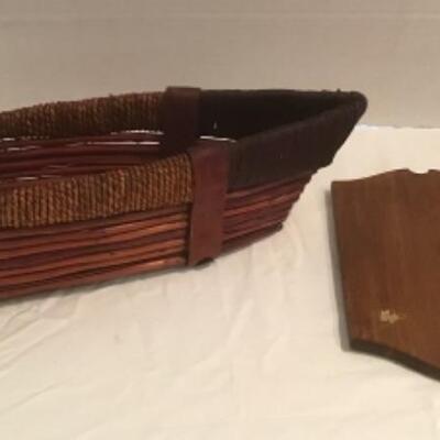 B - 361  Pair Wood & Cane Serving Trays with Decorative Boat