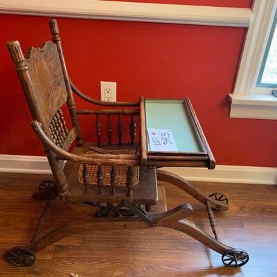 D - 393. Antique Child Wooden Folding High Chair and Cart