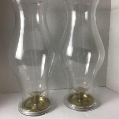 D - 404 A Pair of Antique  Brass Candle Holders / Hurricane Globes 