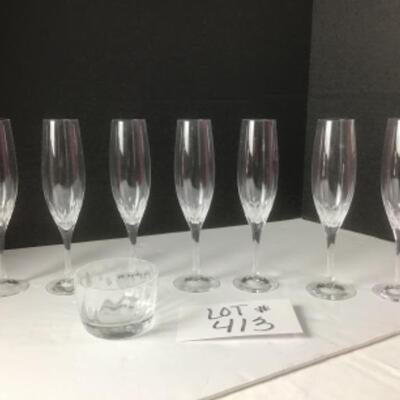 D - 413  Orrefors Champagne Glasses & Small Bowl 