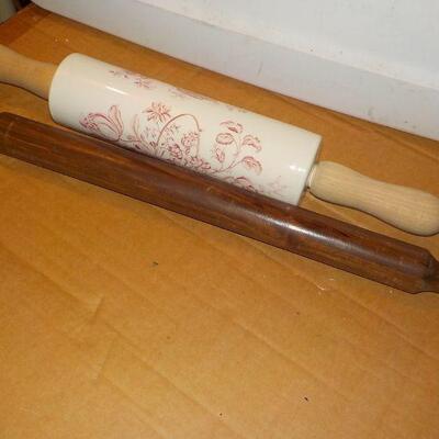 "2 - Baking Roller Pins, Ceramic (England) and 1930's wood".