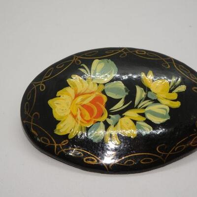 Hand Painted Lacquered Rose Floral Brooch, Russian 