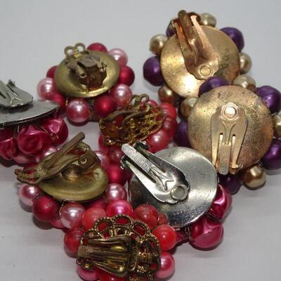 Mid Century Pearl Clip On Earrings, Pinks, Purples & Reds (4) Japan