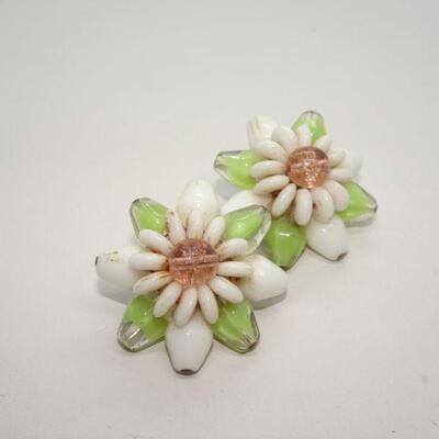 Amazing Milk Glass Beads & Green Glass MCM Clip Earrings 