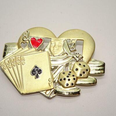 Gold Tone Gamble, Las Vegas Pin, Ace of Spades, Dice, Coins Brooch 