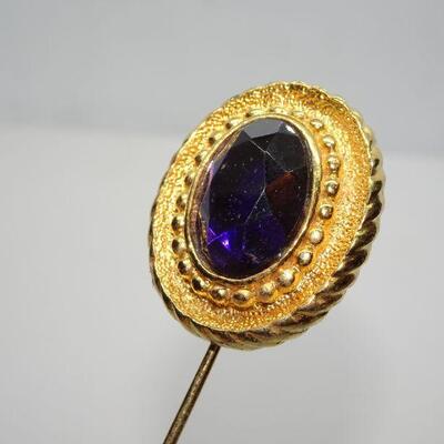 Gold Tone Amethyst Color Purple Ladies Stick Pin, Large Hat Pin 