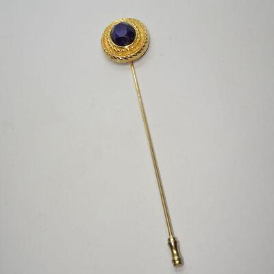 Gold Tone Amethyst Color Purple Ladies Stick Pin, Large Hat Pin 