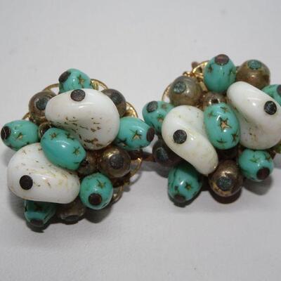 MCM Milk Glass & Turquoise Colored Glass Clip Earrings 