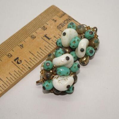 MCM Milk Glass & Turquoise Colored Glass Clip Earrings 