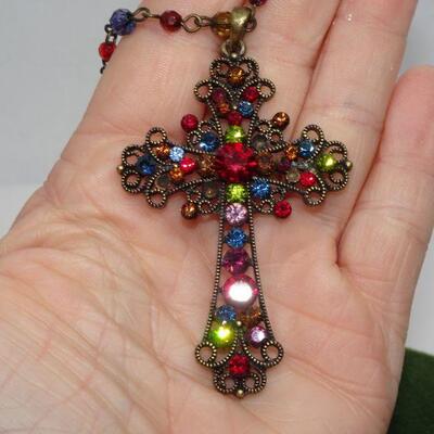 Gorgeous Rhinestone Cross Necklace Pendant, Rainbow of Colors 