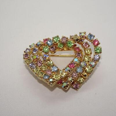 Pastel Rainbow Triple Heart Rhinestone Brooch - Valentine Hearts 