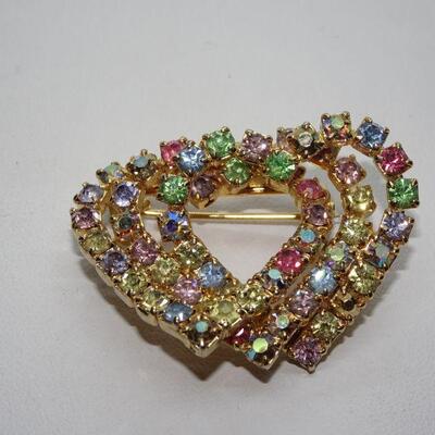 Pastel Rainbow Triple Heart Rhinestone Brooch - Valentine Hearts 