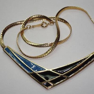 Modernist Blue & Black Gold Tone Necklace