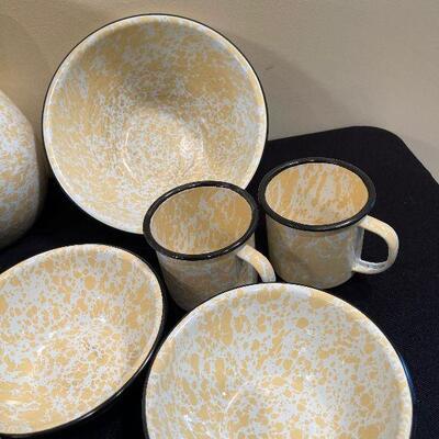 #58 Yellow and White Enamel Pitcher, Bowls and cups