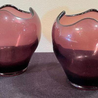 #75 2 Matching Purple Glass Vases MCM like