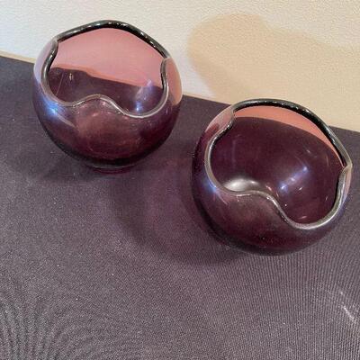 #75 2 Matching Purple Glass Vases MCM like