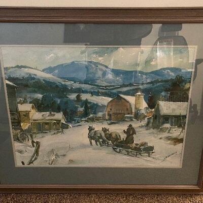 #122 Water Color Framed under Glass, Winter Scene by Sessions