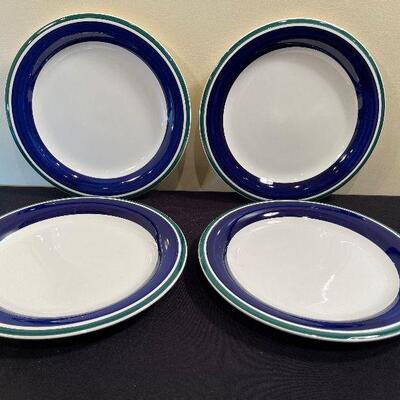 #140 4 Gibson Blue and Green Rimmed Dinner Plates and bowls 