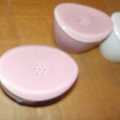 Epicure S & P Shakers white and pink, mid century.