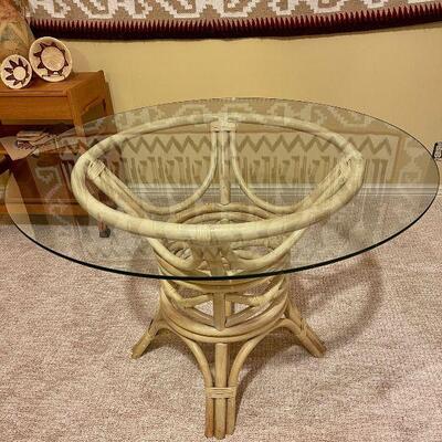 Mid Century Bamboo Glass Top Pedestal Dining Table