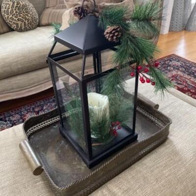 Metal tray with holiday lantern 