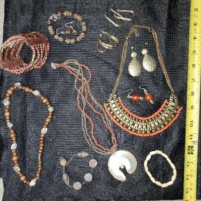 Costume Jewelry Lot (#11) - 3 Necklaces, 4 Bracelets, and 5 pr of Earrings Orange Wood Wooden 