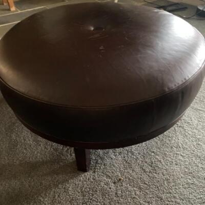 123 Crate and Barrel Brown Round Faux Leather Ottoman 