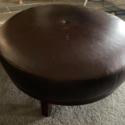 123 Crate and Barrel Brown Round Faux Leather Ottoman 