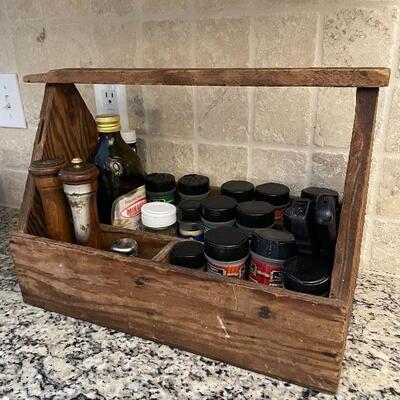 Antique tool box (being used as spice rack)