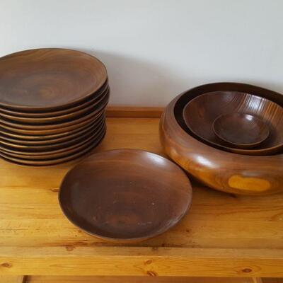16 Pieces Mid Century Turned Wooden Plates & Bowls