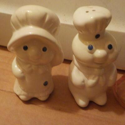 "Original Dough Boy and Mrs. Dough girl plus Jamestown S&P Glass Shakers."