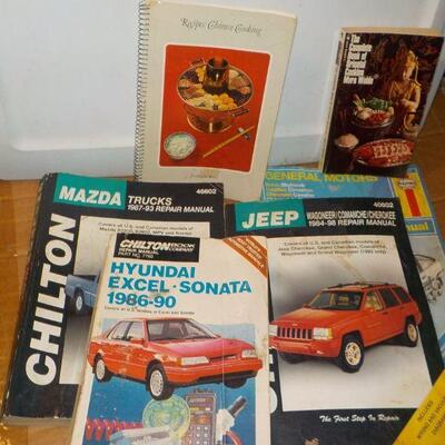 Vintage auto repairs books and 2 cook books of Chinese food.
