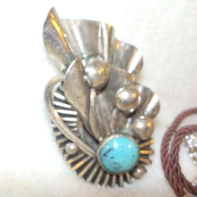 " Hand made American Indian tourques pin and sterling Necklace."