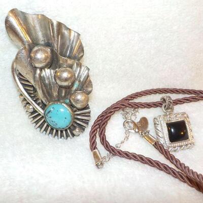 " Hand made American Indian tourques pin and sterling Necklace."