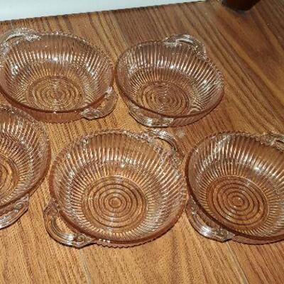 Five Vintage Pink Depression Glass Berry Bowls with Handles - (item #37) - 5 3/4