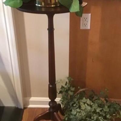 E - 448. Mahogany Plant Stand with 2 Faux Plants 