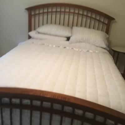 I - 502  Queen Size Wooden Framed Bed & Bedding 
