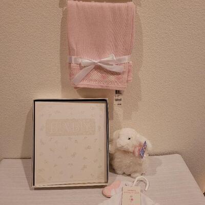 Lot 68: New Baby Girl Blanket, Baby Book, Ganz Bunny and Hat and Socks