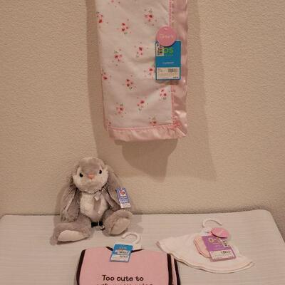 Lot 71: New Baby Girl Blanket, Bunny, Bibs and Hat & Socks 
