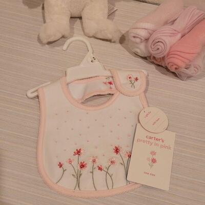 Lot 76: New Baby Girl Blanket, Bib, Washcloths and Bunny