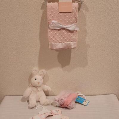 Lot 76: New Baby Girl Blanket, Bib, Washcloths and Bunny