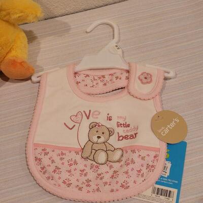 Lot 78: New Baby Girl Blanket, Bibs and a Baby Chick
