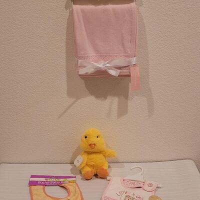 Lot 78: New Baby Girl Blanket, Bibs and a Baby Chick