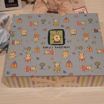 Lot 88: New Baby Box Blanket,  Keep Sakes Box, Album and Bunny
