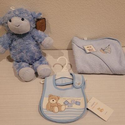 Lot 89: New Baby Boy Bib, Hooded Towel and Lamb